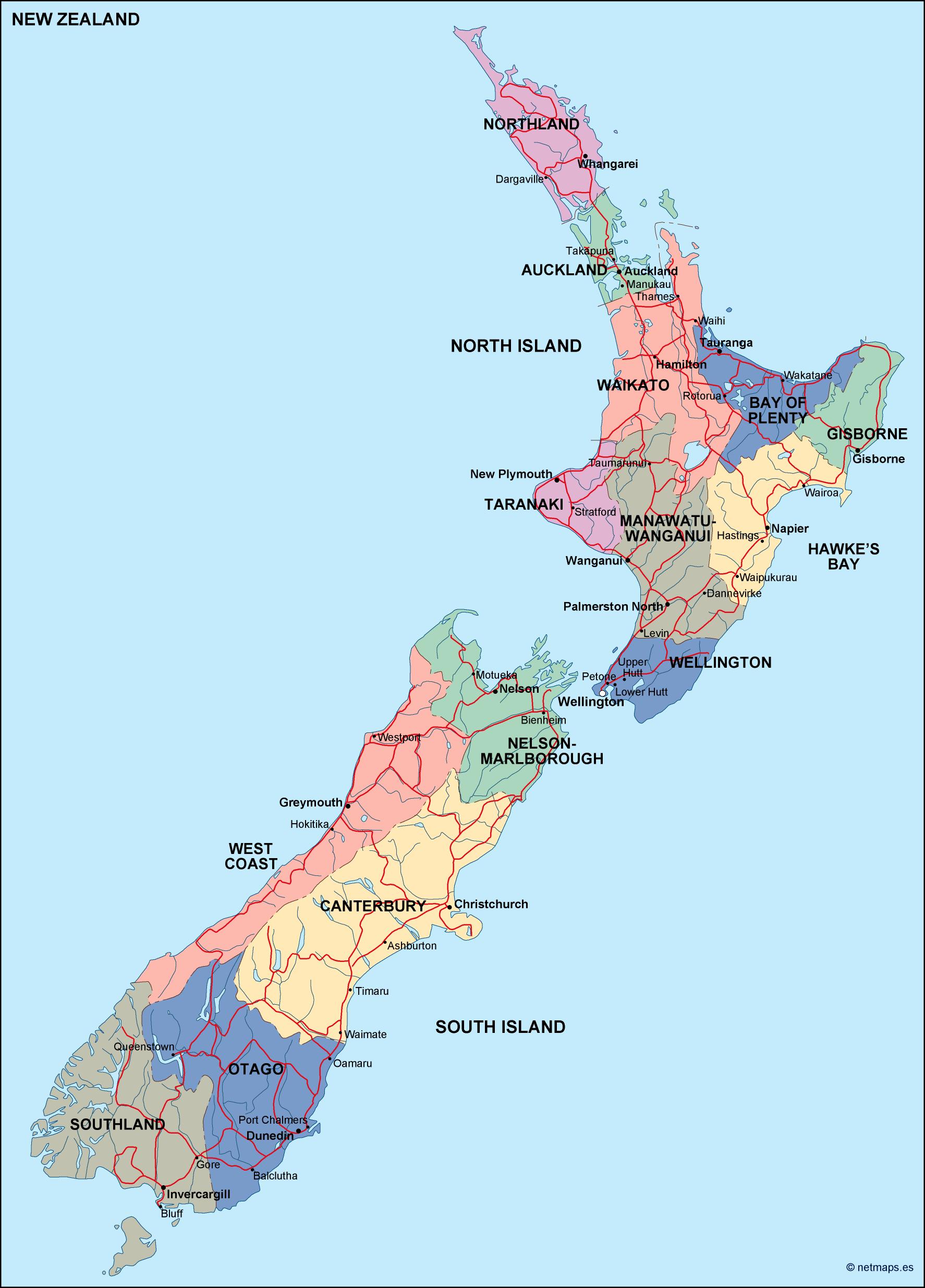 New Zealand Political Map Eps Illustrator Map A Vector Eps Maps