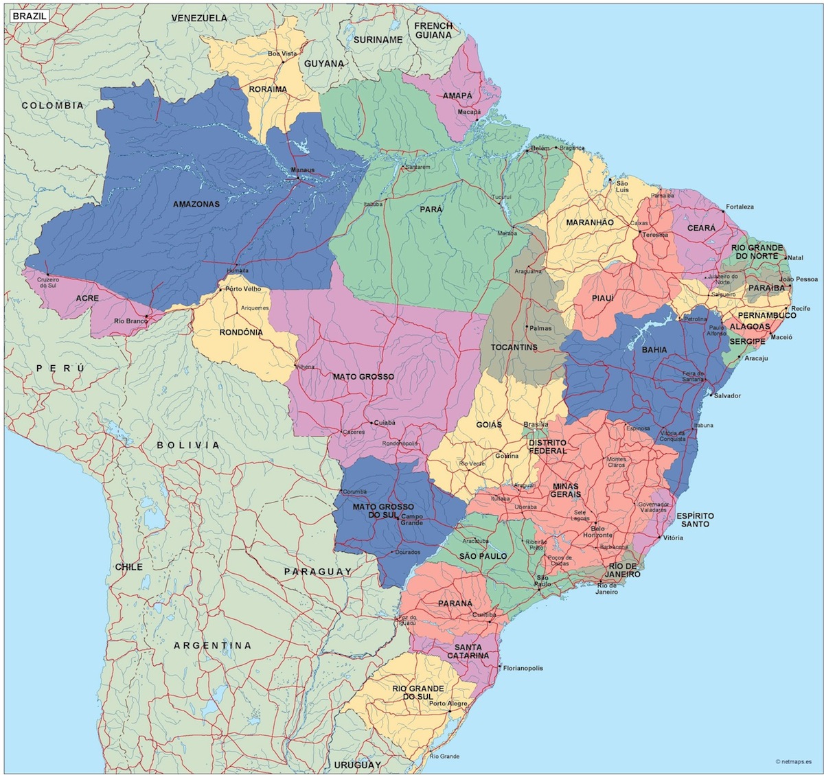 brazil political map. Eps Illustrator Map | Vector World Maps