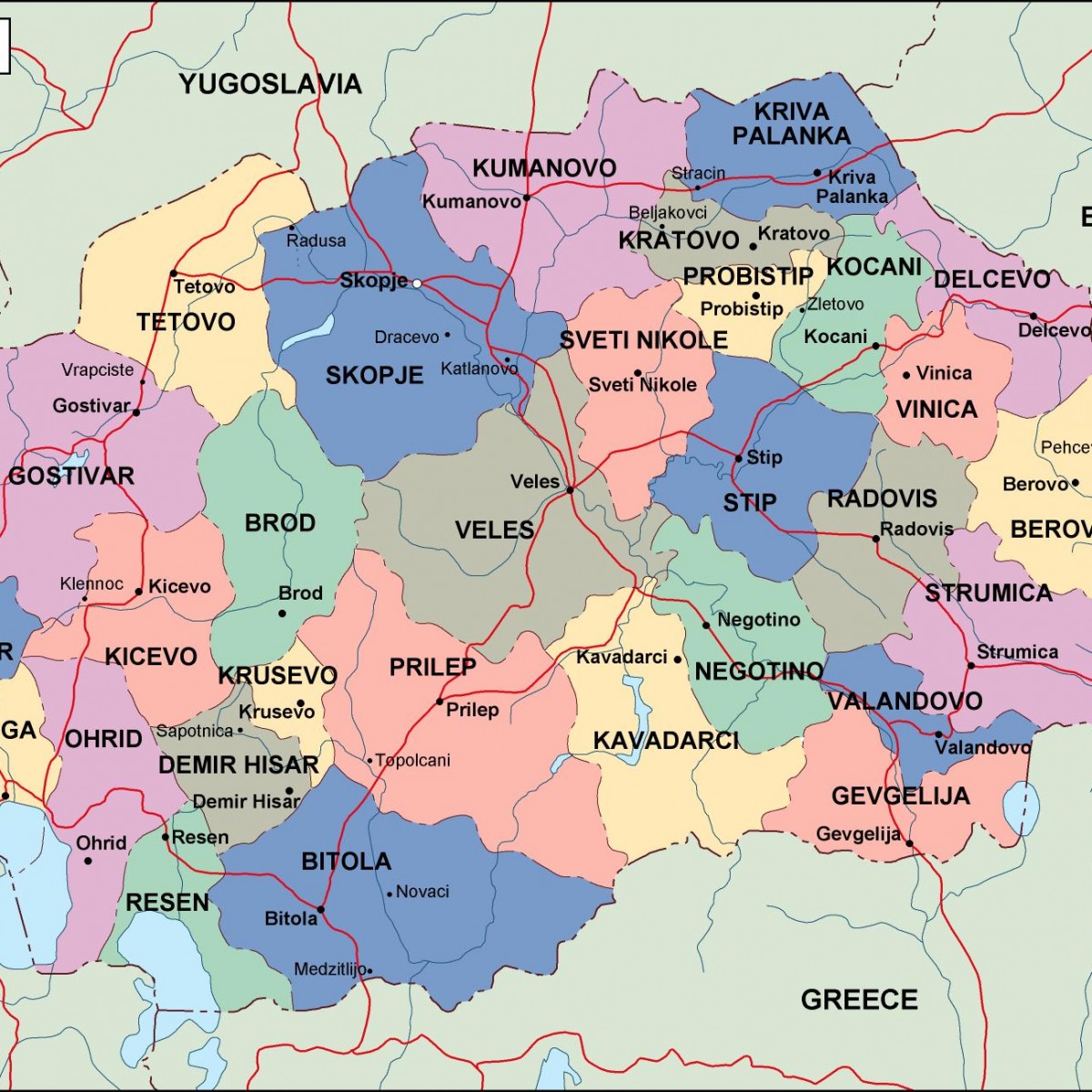 macedonia political map. Illustrator Vector Eps maps. Eps Illustrator
