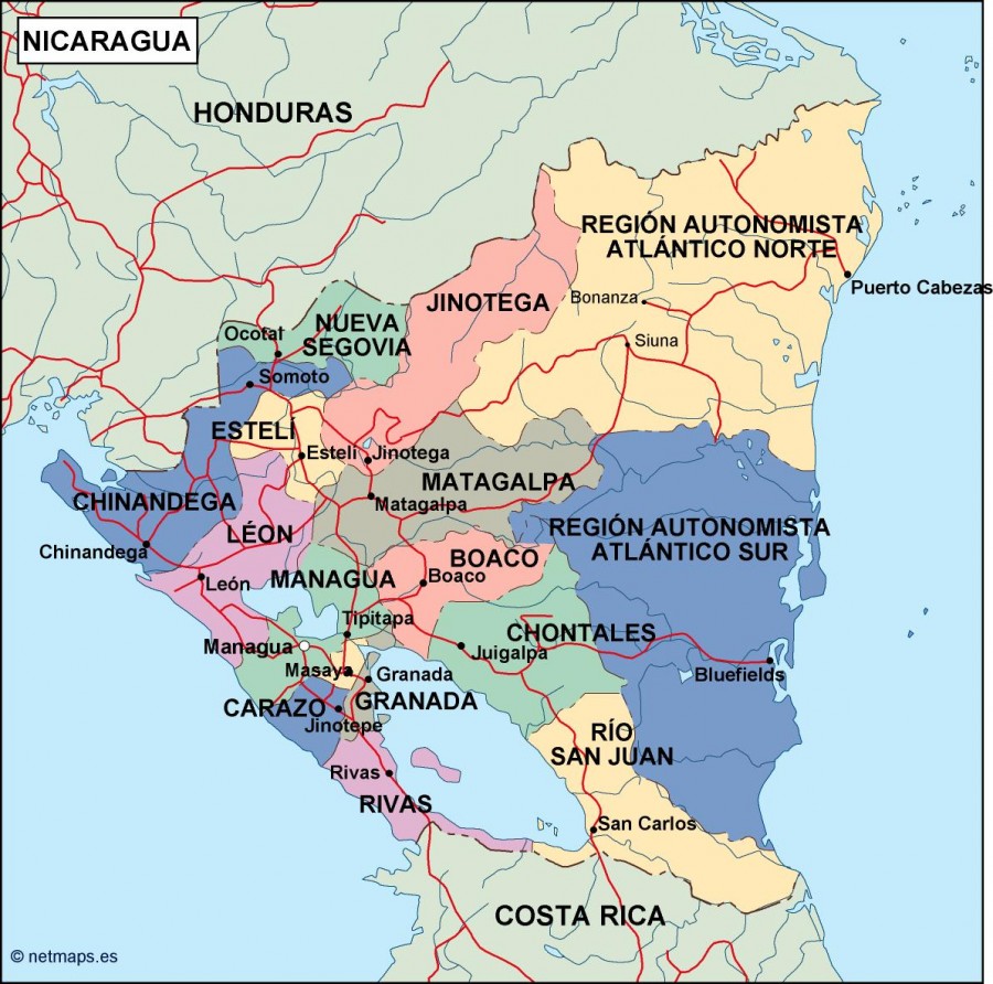 Nicaragua Political Map 900x892 