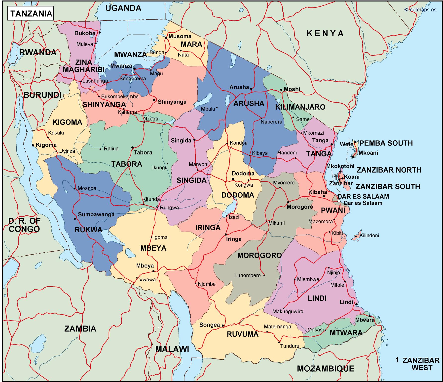 Political Map Of Tanzania tanzania political map. Vector Eps maps. Eps Illustrator Map 